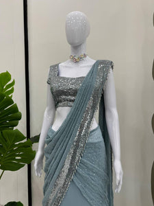 Light blue sequinned layered Lehenga saree