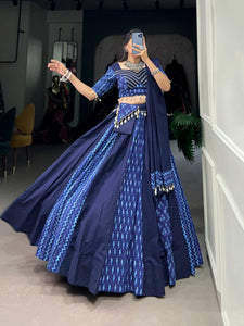 Blue plain and printed with shells chaniya choli - readymade