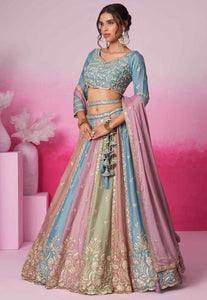 Multicoloured chiffon embroidered panelled turquoise Lehenga