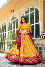 Tussar silk bandhej and Leheriya print in mustard (skirt stitched)