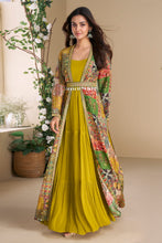Mustard gown with multicoloured jacket and belt
