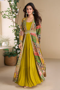 Mustard gown with multicoloured jacket and belt