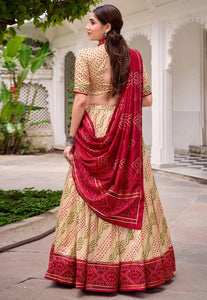 Tussar silk bandhej print Lehenga in beige (skirt stitched)