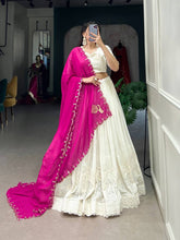 White lucknowi Lehenga with pink dupatta (skirt stitched)