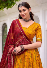 (Tussar silk bandhej print Lehenga in mustard (skirt stitched)