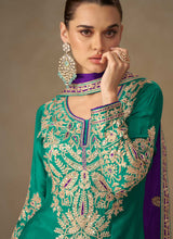 Purple and green chinon embroidered palazzo suit