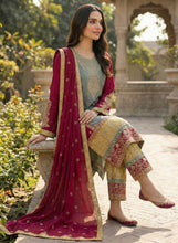 Green + multicoloured straight salwaar suit