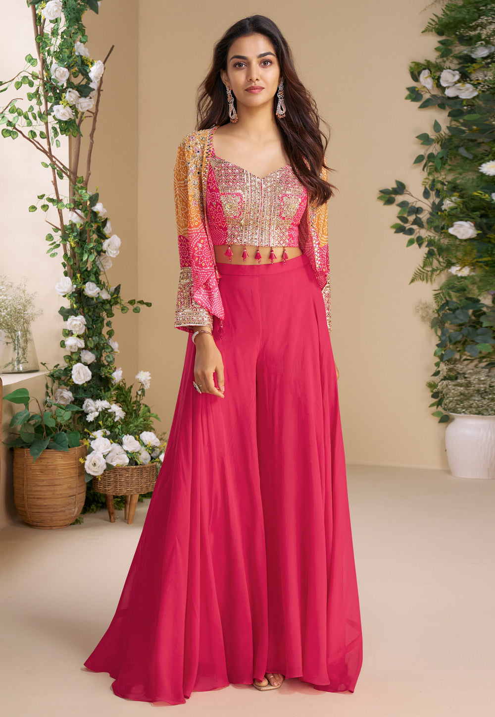 Pink chinon palazzo bandhani print with short jacket