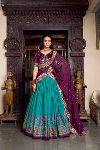 Tussar silk traditional Lehenga multi floral border in firozi (skirt stitched)