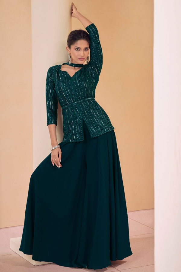 Janisha readymade - peacock green embroidered palazzo