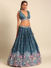 Blue chinon Lehenga with sky blue floral dupatta