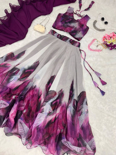 Peacock Feather Print Lehenga Choli Set in purple