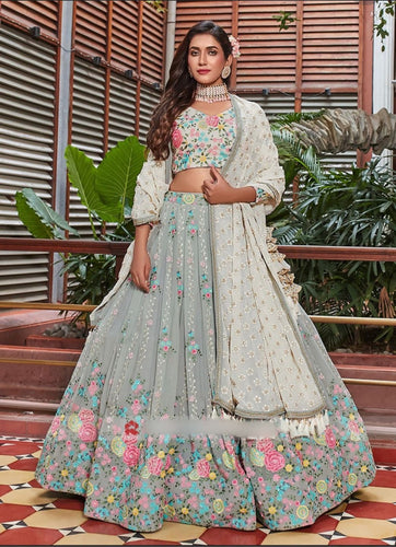 Sage green with a pop of floral colour lehenga