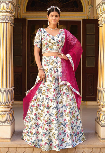 White silk floral Lehenga