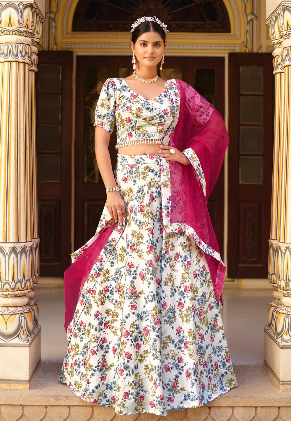 White silk floral Lehenga