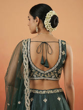 Dark green tissue embroidered lehenga