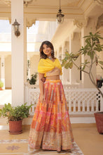 Indo western style Russian silk readymade Lehenga in yellow