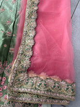Royal embroidered ombre lehenga set in sage green and blush pink