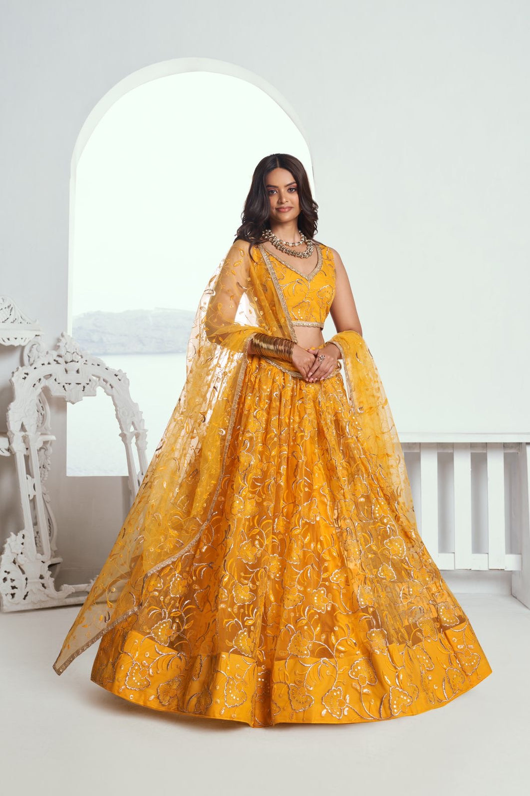 Yellow butterfly net Lehenga