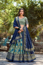 Tussar silk floral kalamkari print Lehenga in sage green and blue