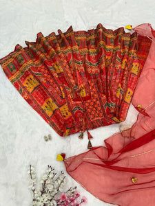 Red digital printed silk anarkali gown