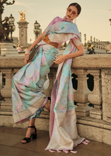 Multicoloured pastel rangkat silk saree in sky blue, lilac and baby pink tones