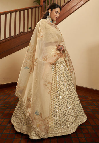 Beige art silk Lehenga with organza dupatta