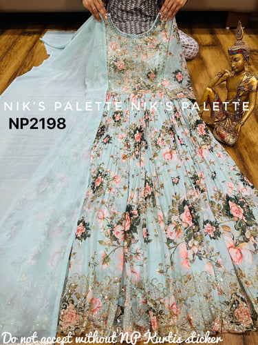 Niks - georgette printed sky blue anarkali