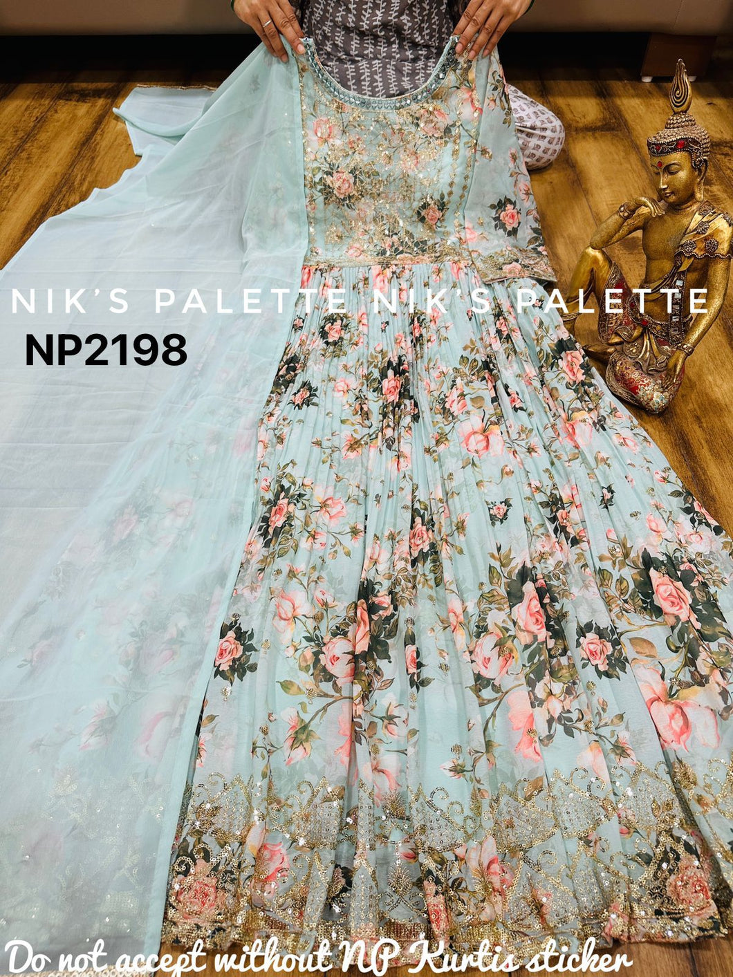 Niks - georgette printed sky blue anarkali