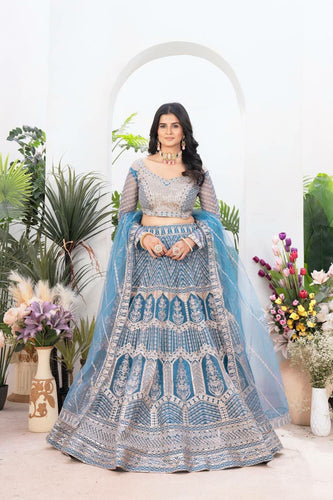 Deep sky blue net Lehenga