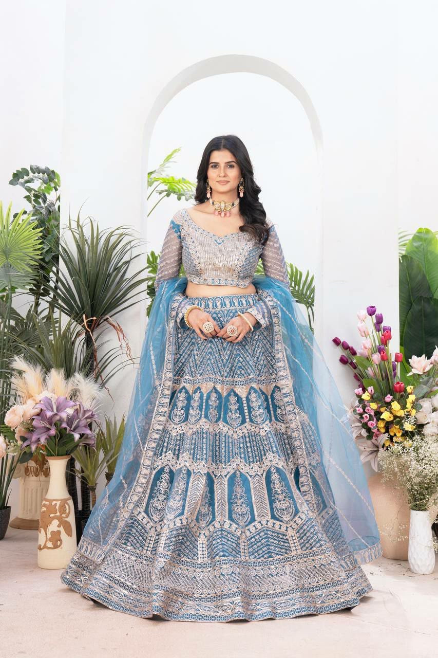 Deep sky blue net Lehenga