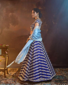 Blue and gold zig zag floral Lehenga