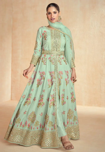 Mint green center slit floral silk anarkali