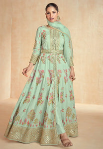 Mint green center slit floral silk anarkali