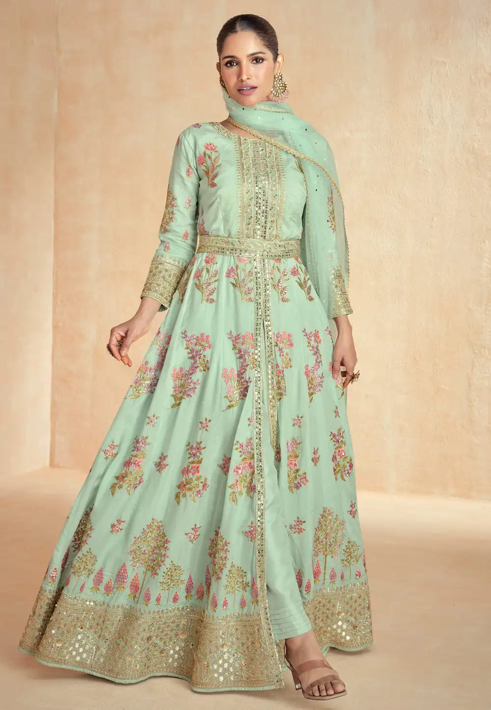 Mint green center slit floral silk anarkali
