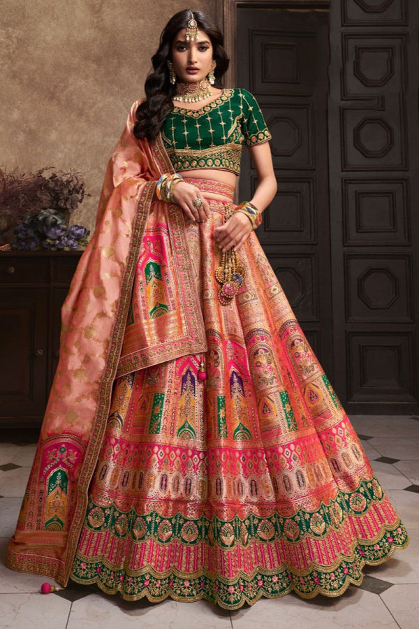 Royal collection- coral pink and bottle green banarasi silk Lehenga