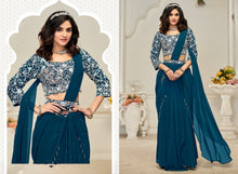 Teal blue ready draped Lehenga saree