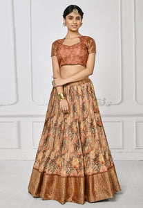 Peach bird and floral print silk timeless ethnic Lehenga