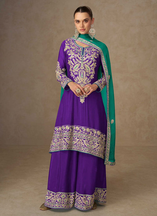 Green and purple chinon embroidered palazzo suit