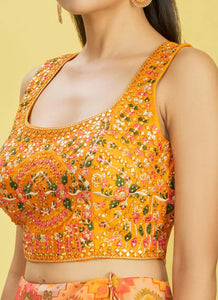 Orange and yellow organza digital print lehenga