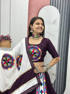 Wine and white pure cotton gamthi work readymade Chaniya Choli