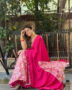 Hot pink floral and flared readymade saree (readymade blouse)