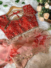 Peach and red mirror work floral saree