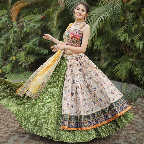 Traditional green bandhani and Patola chaniya choli - readymade