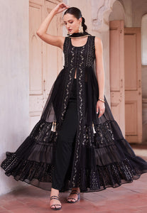 Black georgette centre slit anarkali with pants