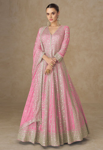 Pink chinon silk embroidered anarkali