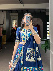 Rayon and printed silk Lehenga choli in navy blue - readymade