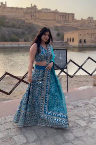 Azure and calming blue and gold Lehenga