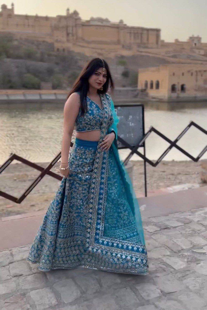 Azure and calming blue and gold Lehenga