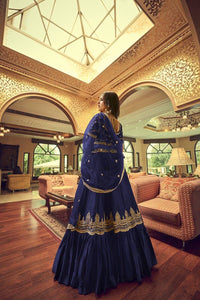 Royal collection - lino silk and satin ruffle style lehenga in midnight blue